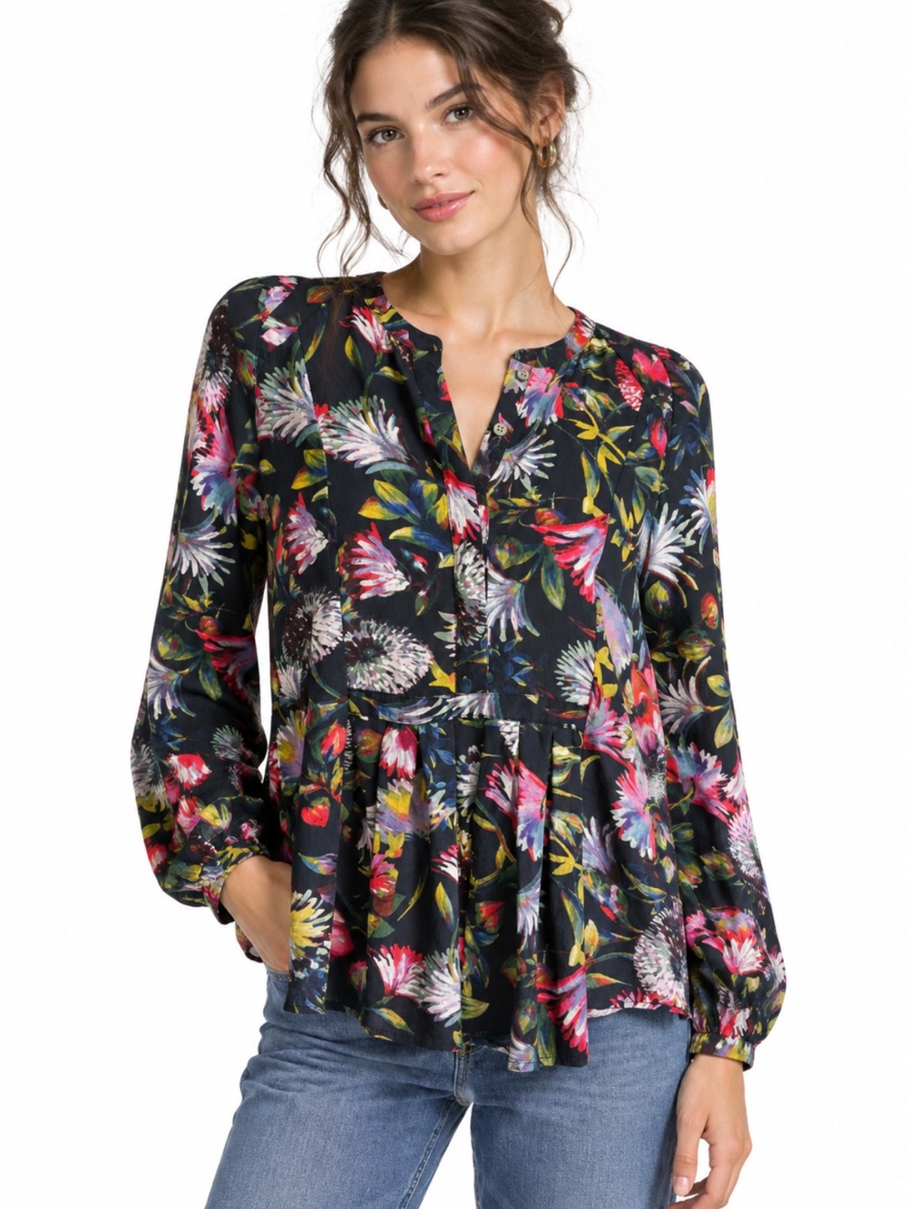 J Crew Silk Blue Floral Long-Sleeve Top Size Small